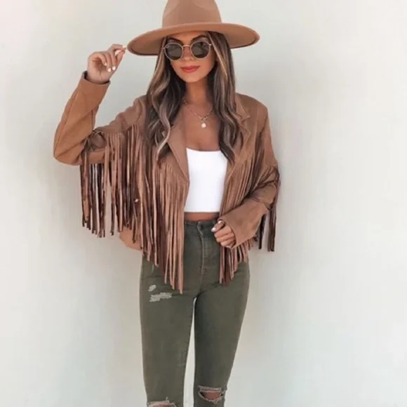 Faux suede women jacket zip blazer coat boho festioval fringe tops - Picture 4 of 6